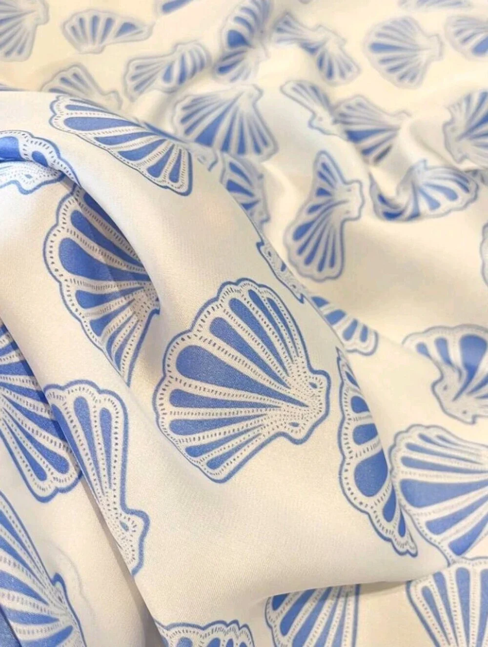 Blue and White Scallop Seashell Print Satin Scarf Summer Beach Vacation Shells